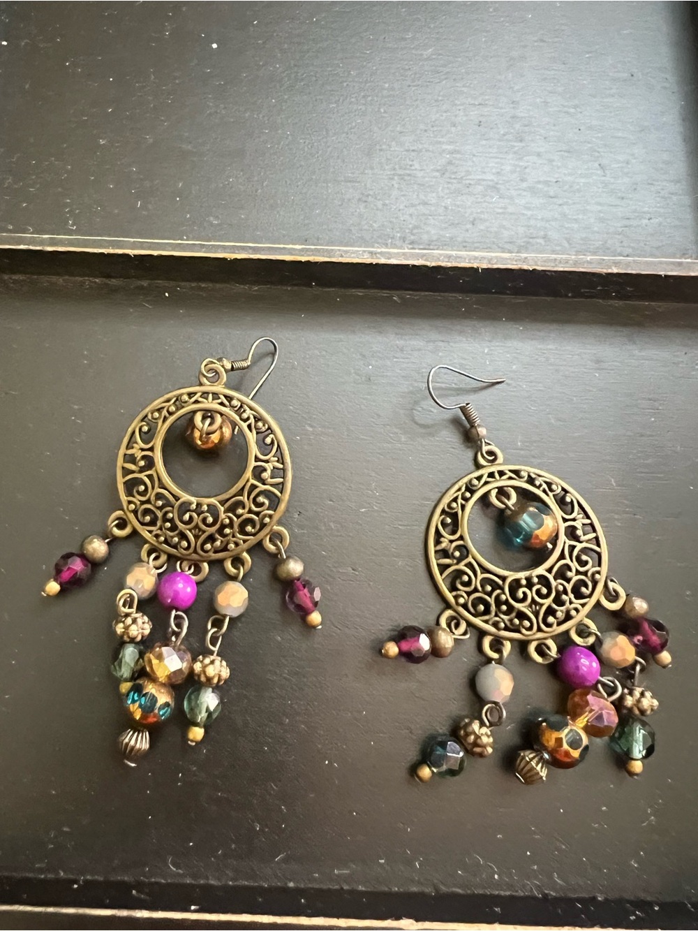 Source Unknown Antique Gold Filigree Hoop Earrings with Multicolor Beads